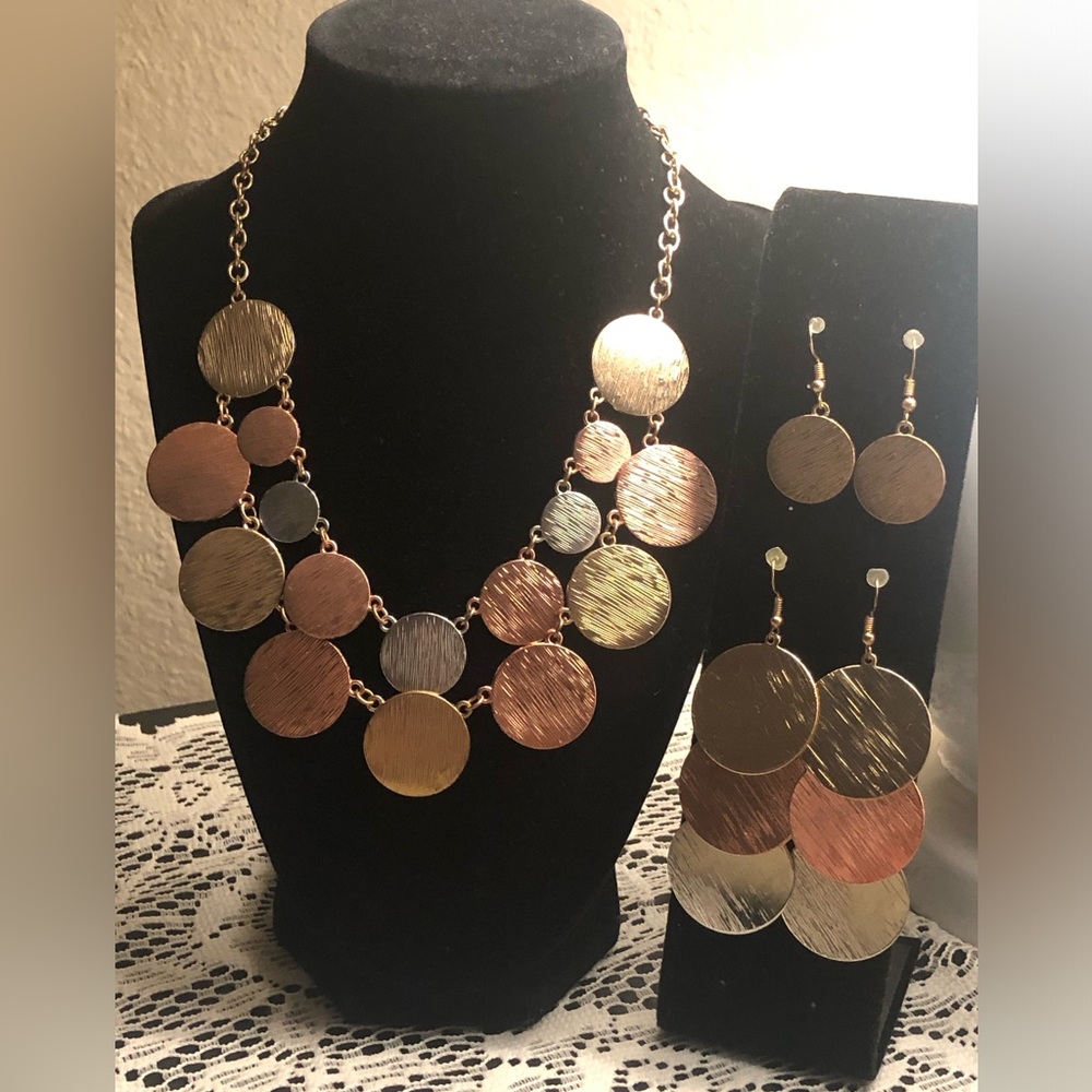 Gold and Copper Circle Necklace and Earrings Two Sets